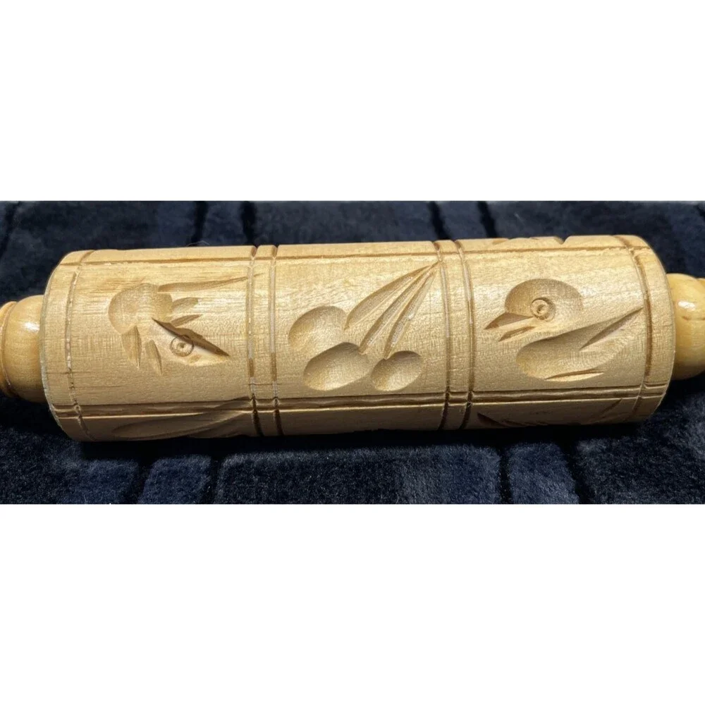 Vintage Carved Wooden Dough Rolling Pin Springerle Cookie Press 14